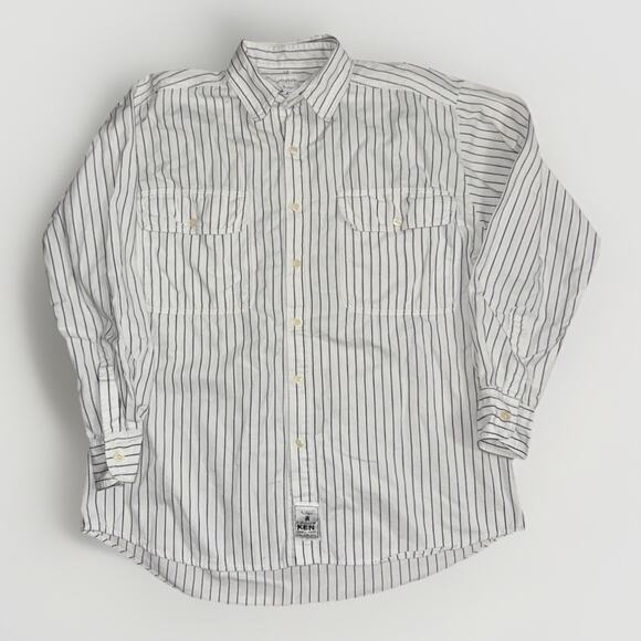 A Product of Ken Vertical Stripe Double Pocket Button Up Shirt White Blue Large - Picture 1 of 4